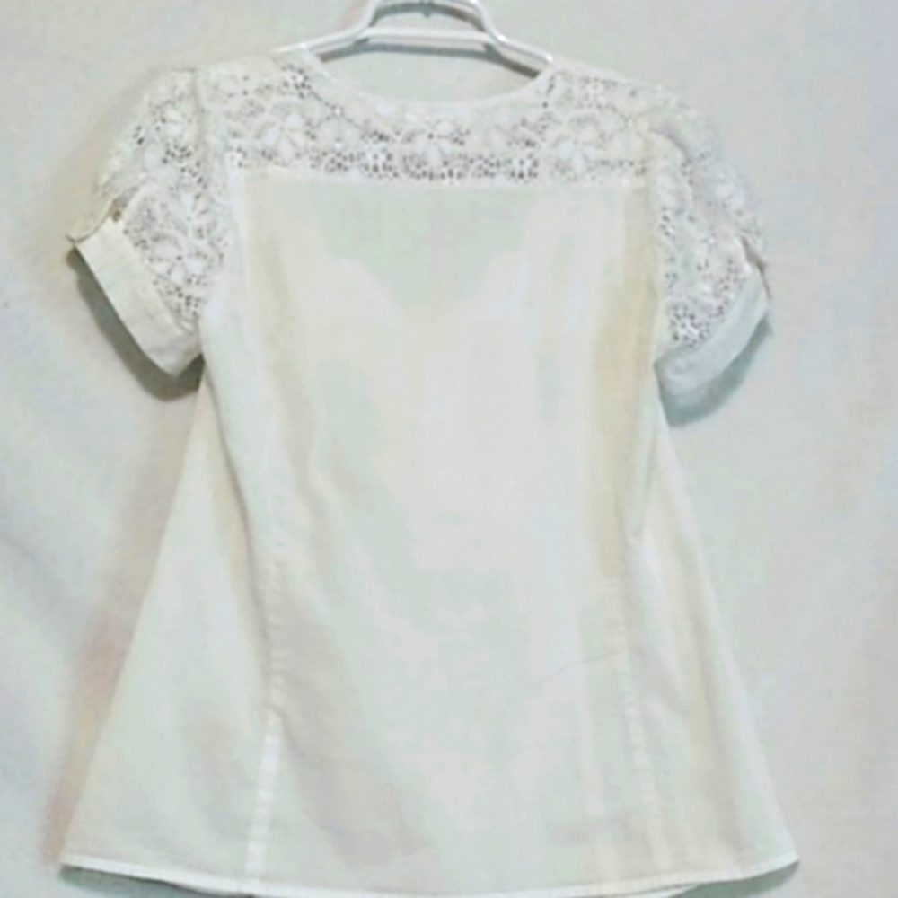 JPR White Front Tie Cotton Bow Top Puffy Lace Sleeves Lacey Back Yoke White S - Picture 2 of 7